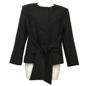 St John Black Linen Blend Collarless Attached Front Tie Belt Blazer New Size 10